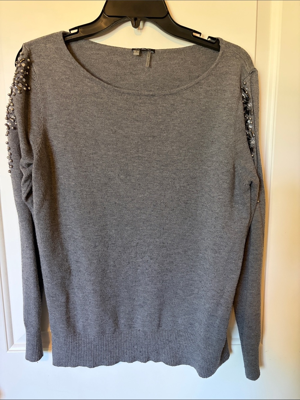 Beaded Shoulder Sweater - Gray Crewneck